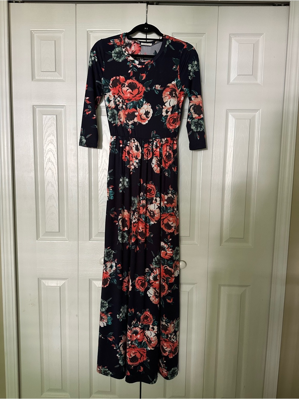 Flattering Natural Waist Navy Maxi Dress with Coral Floral Print